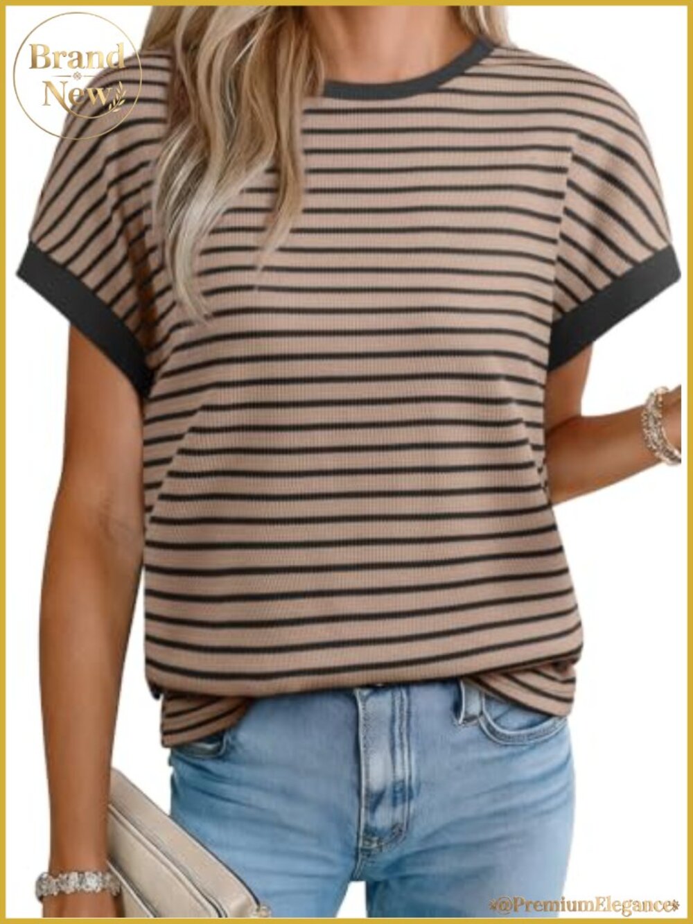Womens Striped Knit Top Short Batwing Sleeve Loose Fit Crew Neck Summer Blouse